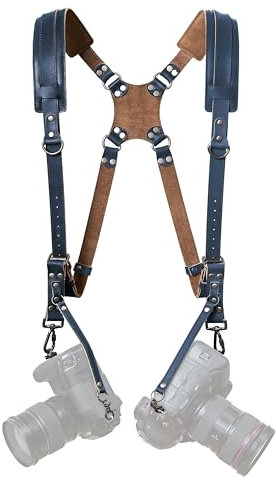 Padwa Lifestyle Blue Dual Camera Harness Strap for Two-Cameras - Dual Shoulder Full Grain Leather Harness,Multi Double Camera Gear for DSLR/SLR Strap,Double Camera Harness for Photographers