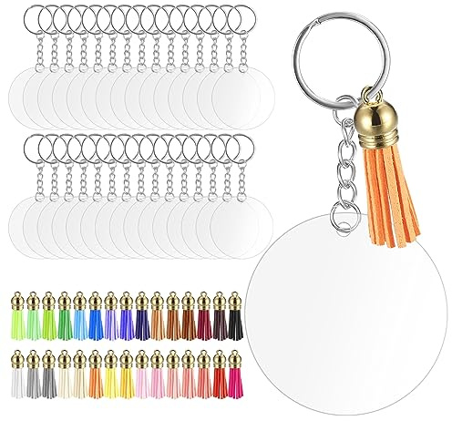 30 Stück Acryl Schlüsselanhänger Rohlinge Set, Blanko Schlüsselanhänger | Selber Machen Set zum Basteln, mit 30 Bunt Quasten Anhänger & 30 Schlüsselbund Schlüsselringe, für DIY Bastelset Zubehör