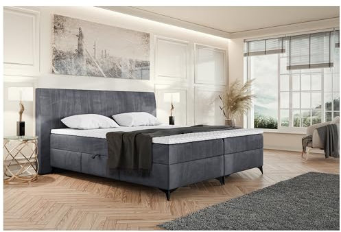 MEBLINI Boxspringbett mit Bettkasten - Gepolstert Doppelbett mit Matratze und Topper - Polsterbett mit Stauraum - Bett mit Kopfteil - Stauraumbett - NANI - 180x200 - H3B/Dunkelgrau Samt