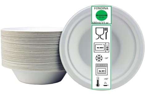 50 Piatti Fondi rotondi diametro 21 cm altezza 3.5 cm 680 ml Piatto fondina tazza carta bianco bagassa biodegradabile rigido monouso in fibra vegetale feste compleanni picnic eventi sagre