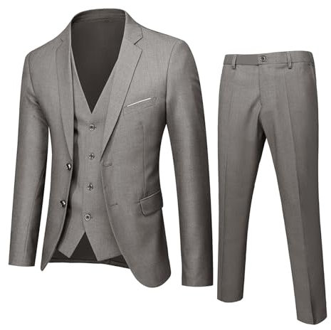 Herren Slim Fit 3-teiliger Anzug, taillierter formeller Business-Blazer, formeller Slim Fit Blazer, taillierter Blazer mit Weste und Hose, Business-Kleidung, einreihige Jacke, grau, XL