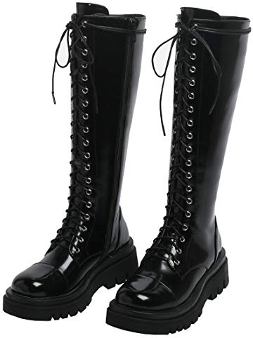 Etebella Damen Knee High Combat Boots Gothic Lack Kniehohe Stiefel zum Schnüren Flache Kniehoch Stiefel Moderne Schuhe (Schwarz,40)