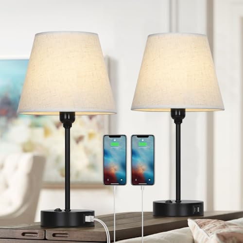 YBING Schlafzimmer Tischlampen, Kleine Nachttischlampen Set von 2, Schwarze Metall Nachttischlampen mit Leinenschatten für Schminktisch Wohnzimmer