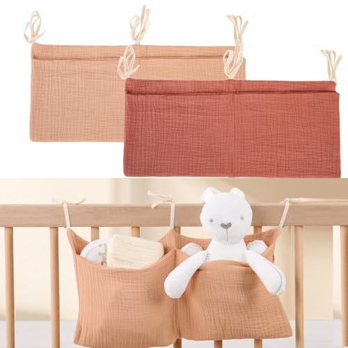 Ruayia Babybett Organizer Hängend 2 Stück, Babybett Zubehör Bett Organizer Kinder Wickeltisch Kinderzimmer Hängender Betttasche Spielzeugtasche Baby Windel Caddy Hängen Krippe - Oranage + Rosa