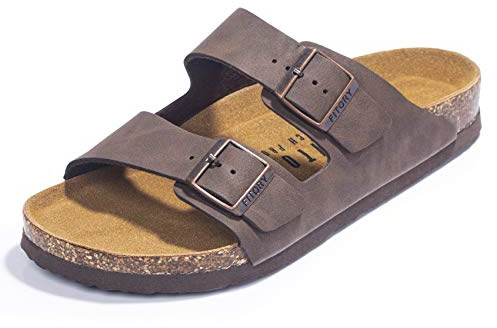 FITORY Sandales Homme en Cuir Mules d'Été Confortables,Jaune Brunâtre 41 | Bout Ouvert, Bride Ajustable Facile à Enfiler, Semelle Intérieure en Liège pour un Confort Quotidien
