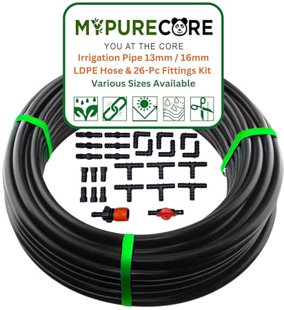 MYPURECORE Irrigation Pipe 13mm / 16mm & 26-Pc Fittings Kit – LDPE Garden Watering Hose Set – Heavy Duty UV Resistant Tubing for Drip System, Greenhouse, Plant Irrigation – Easy DIY Install (50m)
