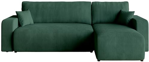 BROMARKT Ecksofa mit Schlaffunktion Kissen und Bettkasten L-Form Grün | Schlafsofa mit Bettkasten 244x148x82cm Sofa Couch Sofabett freistehend Cord 3 sitzer Eckcouch für Wohnzimmer PUMI L
