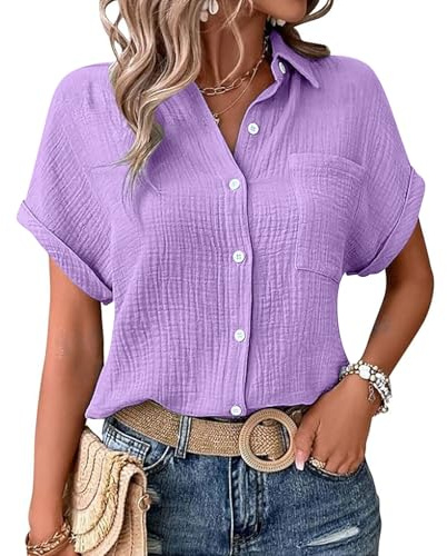 blusen Damen, Musselin Bluse Damen Shirts Bluse Elegant Tunics Sommer Tshirt Kurzarm Leinen Knopf Bluse Lange Oversized T-Shirt Casual für Leggings, heißes pink L
