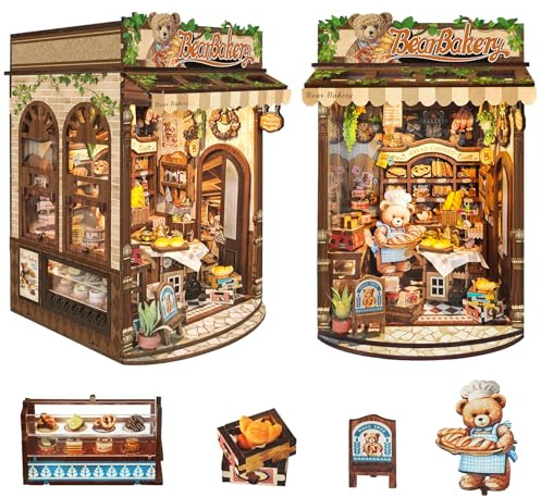 CUTEROOM Book Nook Kit, DIY aus Holz Miniature House, Puppenhaus Miniatur Haus Selber Baue Bausatz mit Staubschutzhülle und LED-Licht（Bear Barkey）