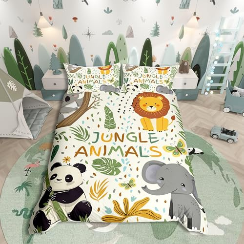 Homemissing Animaux de la Jungle Imprimer Parure de Lit Jolie Chambre à Coucher décor Enfants Housse de Couette 200x200cm Panda éléphant et Tigre Motif Ensemble de literie, Zoo Animaux thème literie