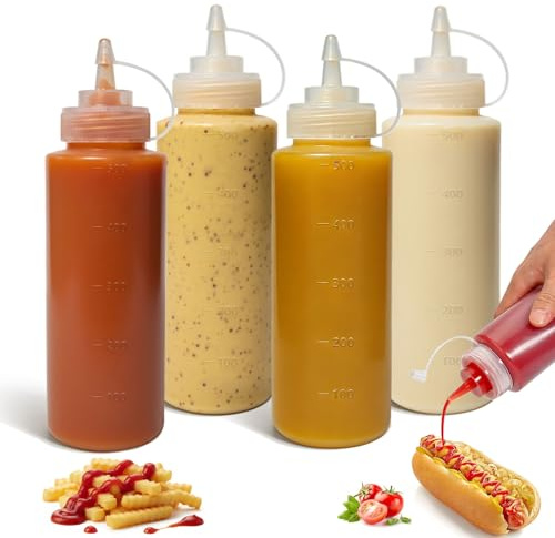 OAMCEG 4 Stück Squeeze Flasche 500ml, Plastik Quetschflasche für Saucen,Öl | 16oz Saucenflasche, Squeeze Bottle, Spritzflasche mit Kappen & Skala, Dosierflasche für Ketchup, BBQ Saucen, Sirup, Gewürze