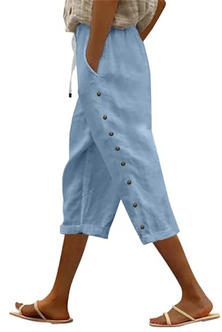 Linen Trousers Womens Drawstring Elastic Waist Cropped Trousers Lightweight Summer Capri Pants with Pockets Casual 3/4 Length Trousers Beach Pants for Ladies