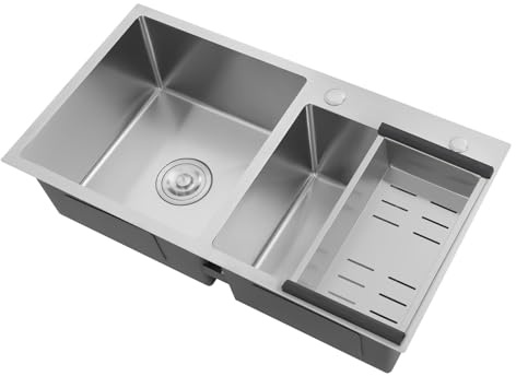 Fregadero de cocina doble, 78 x 43 x 21 cm, 2 cuencos, fregadero de cocina grande, de acero inoxidable, con escurridor para cocina, garaje, restaurante, lavandería
