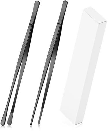 DOETYD 2 Pcs 25.5cm Black Cooking Tweezers Kitchen Tongs,Stainless Steel Chef Kitchen Tweezers for BBQ Cooking Serving&Grilling