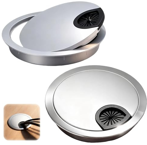 2er Set Kabeldurchführungen Ø60mm aus Metall für Schreibtische und Möbel – Perfekte Organisation für Büro und Zuhause, Elegantes Design mit Bürsten- und Gummieinsatz, Silberfarben