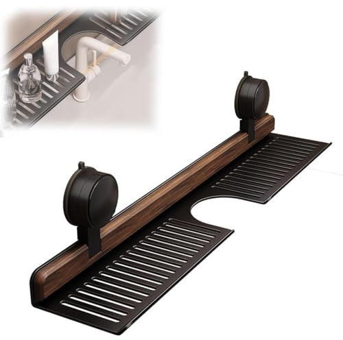 LZTET Mensola Da Bagno Con Ventosa In Noce,Organizer Per Lavello Parete,Rimovibile E Impermeabile,Senza Foratura,Portaoggetti Legno Rubinetti,Per Accessori Cucina Bagno(40cm,Black)