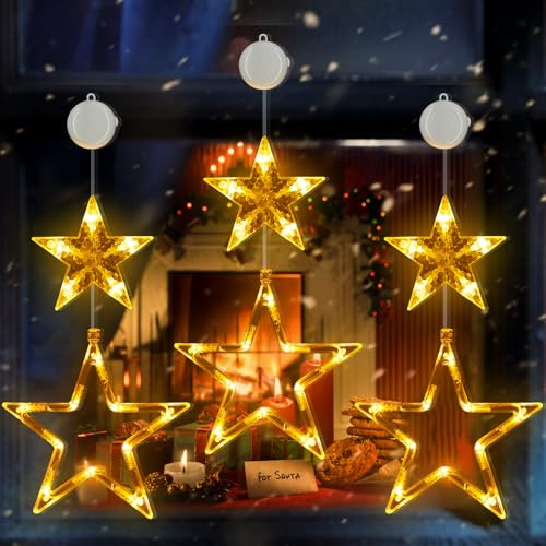 Fulybao 3 Pack LED Christmas Stars Window Lights, Battery Operated Window Lights Christmas Decorations with Timer, 2 Modes, Hanging Star Window Light for Party, Shop, Indoor Xmas Decoration (Warm)