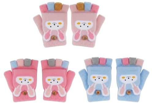 Axvxby Fingerless Gloves Kids 3 Pairs Convertible Flip Top Kids Gloves Winter Warm Knitted Half Finger Thermal Stretchy Mitten Gloves for Boys Girls 4-12 Years