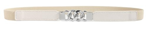Aniyan Skinny Elastischer Taillengürtel Damen, Schmaler Stretch PU Leder Gürtel mit Doppelring Schnalle Silber für Kleid Rock Bluse(Beige)