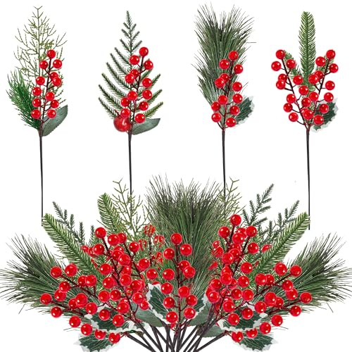 Gitechft 12 Pcs 13.5 inch Artificial Red Berries Pine Stems Christmas Tree Picks Christmas Floral Picks Holly Red Berry Stem Greenery Artificial Pine Picks Branches for Flower Wreaths Holiday Xmas