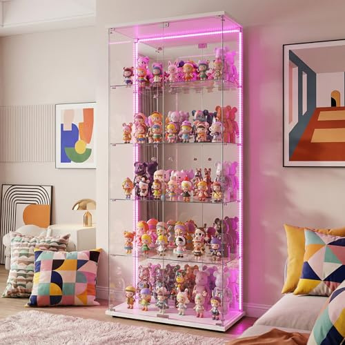 Zorvani Glasmonter med LED-stativ, stående skåp med 5 lager glas displayskåp med 2 dörrar och lås, glasskåp för vardagsrum, kontor, samlarobjekt