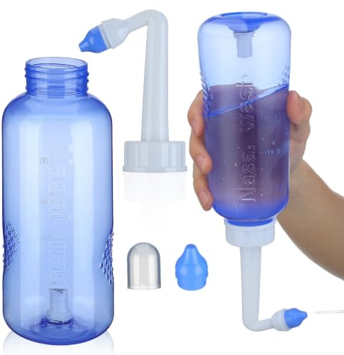 Nasenspülflasche 500ml Kunststoff Nasendusche Erwachsene Blau | 2 Düsen, Wasserflusssteuerung und Einhandbedienung, Kreative Form für Erwachsene und Kinder
