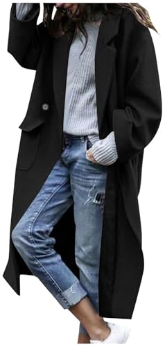 LNNGNIA Damen Wintermantel Einfarbig Wollmantel Lang Mantel Winter Übergangsjacke Revers Trenchcoat Knöpfe Wolljacke Jacke mit Taschen Warm Winterjacke Casual Damenmantel Outwear Dicke Herbstjacke