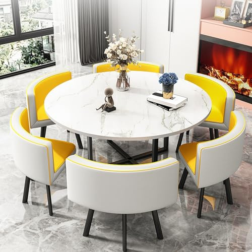 Round Dining Table Set with 6 Leather Yellow Chairs Modern Conference & Reception Table Stylish Simple Design for Dining Room & Office Use