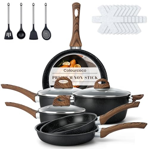 Colourcoco Set Di Pentole E Padelle Antiaderente – 20 Pezzi Set A Induzione Con Pentole, Pentola Per Zuppa, Protezioni, Coperchi E Manici, Resistente Al Forno, Senza PFOA, Nero
