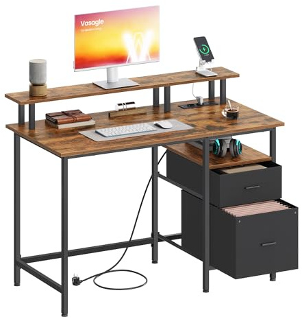 VASAGLE Bureau Gaming, avec Tiroirs en Tissu, Table Informatique avec Support d'Écran, Multiprise, 2 Ports USB, pour Bureau à Domicile, 120 x 60 cm, Marron Rustique LWD093K01V1
