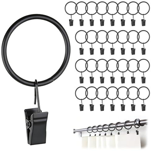 30 Stück Gardinenringe mit Clips Schwarz, Vorhangringe zum Öffnen Ø32mm, Curtain Rings für Stange bis 28mm, Metall Vorhang Clips & Gardinenringe mit Haken für Fenster & Dusche