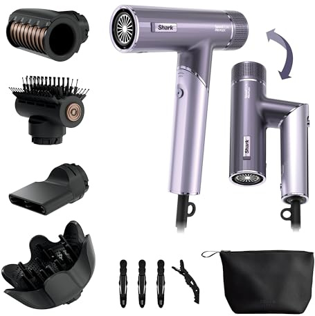Shark SpeedStyle Pro Flex Hair Dryer, High Performance High-Velocity Hair-Dryer w/ 4 Styling Attachments, Lightweight, Ionic, No Heat Damage, Folding Handle, for All Hair Types, Lilac Frost HD543PLUK