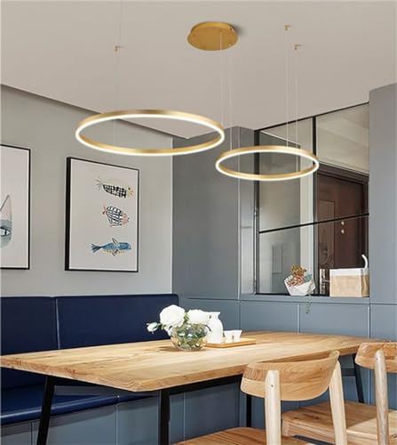 JINWELL LED Pendelleuchte Esstischlampe Pendellampe Wohnzimmerlampe Dimmbar Hängelampe Modern Kronleuchter Rund Ring Leuchten Aluminium Acryl Deckenleuchte 65W Gold 2laps 40+60cm