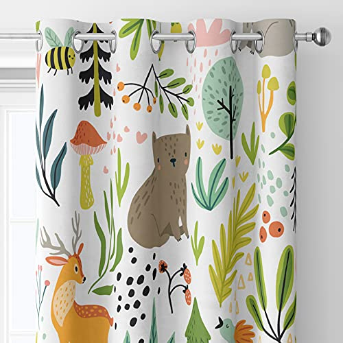 Trelemek Kids Blackout Curtains ，Grommet Thermal Insulated Room Darkening Printed Forest with Wild Animals Nursery and Kids Bedroom Curtains 42x63inch(107x160cm), White