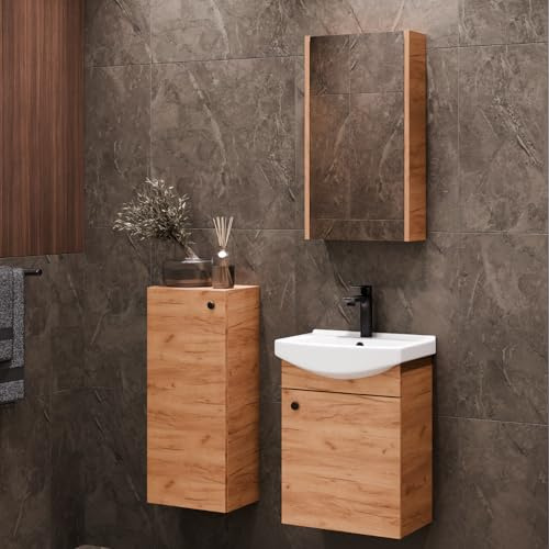 Planetmöbel Set di mobili da bagno lavabo con mobiletto 45 x 60 x 33 cm con armadietto a specchio 40 cm e armadio midi per WC ospiti, rovere oro