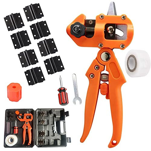 Pfropfen Werkzeug Kit, 2-in-1 Professionelle Garten Obstbaum Veredelungsschere Ratschenschere Set, Professionelle Einhand mit V + U + Ω + W Ersatzmesser Schneidwerkzeug Set für Blumen Zweige,Orange