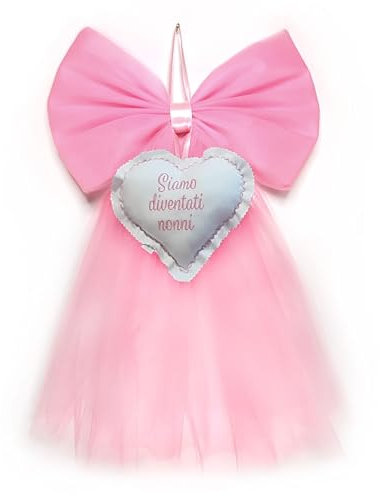Crociedelizie, fiocco nascita siamo diventati nonni bimba bimbo personalizzato in tulle rosa azzurro con ricamo ricamato elegante semplice coccarda fuori porta cuore
