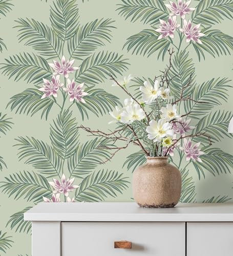 GAULAN 682363 - Tapete, Abwaschbar. Tapete mit Palmenblättern und Blumen im tropischen Stil in Hellgrün für Wohnzimmer Schlafzimmer Flur Esszimmer - Rolle 10 m x 0,53 m