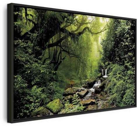 B&D XXL Bilder mit Rahmen 90x60 cm Wandbilder groß Leinwandbild XXL schwarzer Holzrahmen modern Wanddekoration Kunstdruck Wanddeko Wohnzimmer Schlafzimmer Wald Natur Landschaft Bäume Wasserfall