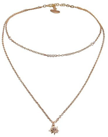 Alpenflüstern Trachten-Metallhalskette Edelweiss zweireihig - nostalgische Trachtenkette, eleganter Damen-Trachtenschmuck, Dirndlkette (gold-farben) DHK334