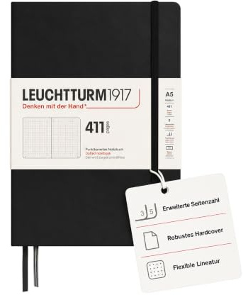 LEUCHTTURM1917 Notizbuch Medium A5, 411 nummerierte Seiten, Hardcover | Schwarz, Dotted, 80 g/m² säurefreies Papier, 160 zusätzliche Seiten, für Bullet Journals und Skizzen
