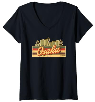 Mujer Osaka Skyline & Japan Retro Stripes - Orgullo japonés Camiseta Cuello V