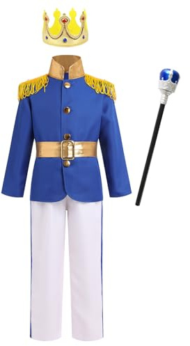 IMEKIS Ragazzi Halloween Reale Re Costume Fancy Principe Incantevole Gioco di Ruolo Vestire Giacca a Maniche Lunghe Pantaloni Bambini Carnevale Compleanno Cosplay Set da Festa Blu + Bianco 3-4 anni
