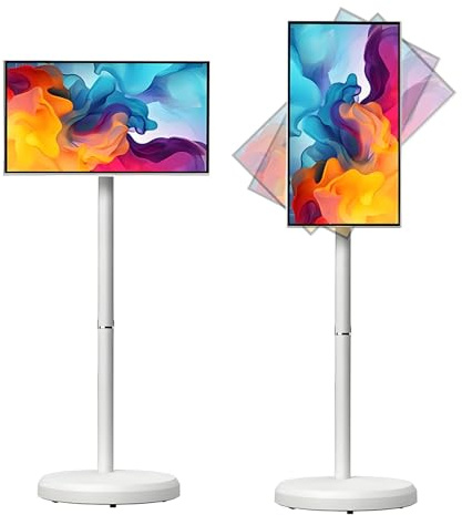 Monitor Touchscreen Intelligente da 21,5 Pollici, Supporto TV Portatile 1080p con Ruote, Android 14, 4+64 GB di Memoria, Batteria Integrata da 6000 Mah, Monitor Girevole e Girevole White-4+64G