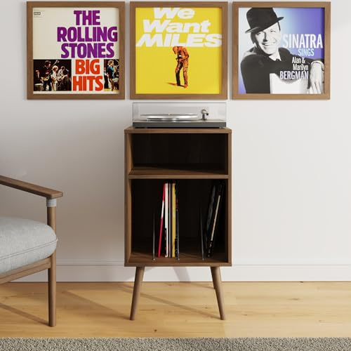 GFW Jaxon Compact Turntable Stand, Walnut Vinyl Record Storage Unit with Mid-Century Tapered Legs