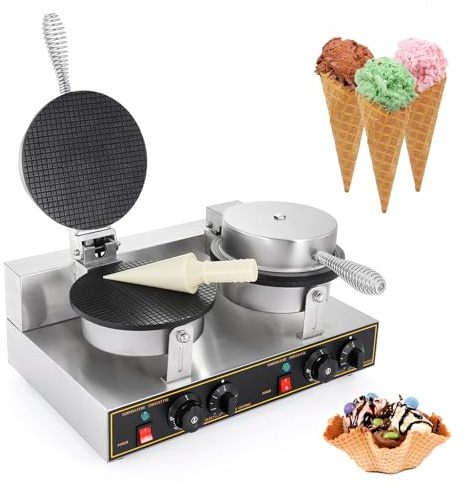 Machine à Cônes Crème cornets de glace électrique, appareil professionnel 2400 W, gaufrier antiadhésif en acier inoxydable, moule à rouleaux d'œufs à double tête, pour pizzas, crêpes, omelet