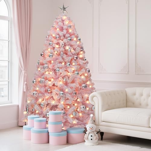 YITAHOME Sapin de Noël Lumineux floqué Rose de 1,8 m - Épicéa Rose avec 928 Pointes en PVC floquées et 250 lumières Blanches Chaudes pour la décoration de la Maison