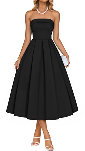 ZESICA Women's Summer Strapless Cocktail Dresses 2026 Elegant Off Shoulder Flowy A Line Wedding Guest Party Midi Dress Black Small