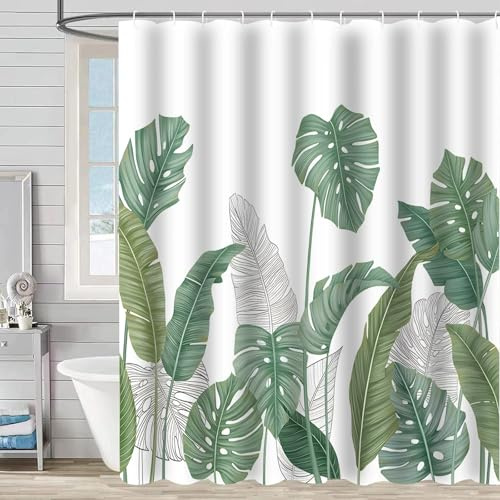 FYting Tenda Doccia Antimuffa,Tenda per Doccia Verdi, con 12 Anelli a Fiori,L'orlo Cade in Modo Naturale, Resistente All'Acqua e Alla Muffa, Lavabile,per Bagno, Vasca(Foglia di Tartaruga Verde)