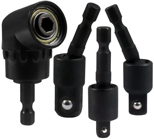 BokWin 4 Pack 4-in-1 Impact Drill Bit Extension Set, Right Angle Drill Adaptor, 360°Rotatable Socket Adapters for 1/4 Inch, 3/8 Inch, 1/2 Inch Sizes, Ideal for Household Workplace Industry（Black）